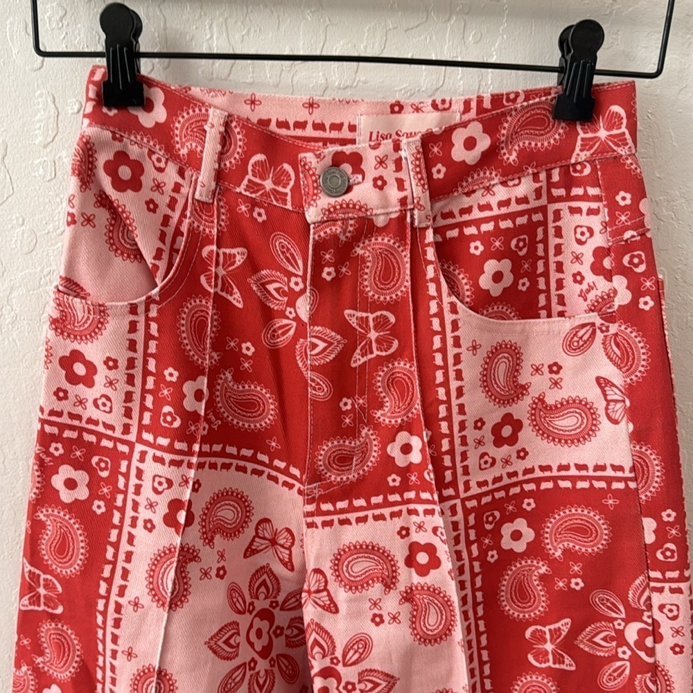 Lisa Says Gah Robyn Paisley Floral Butterfly Pink Wide Leg High Rise Jean 25 - Picture 4 of 8